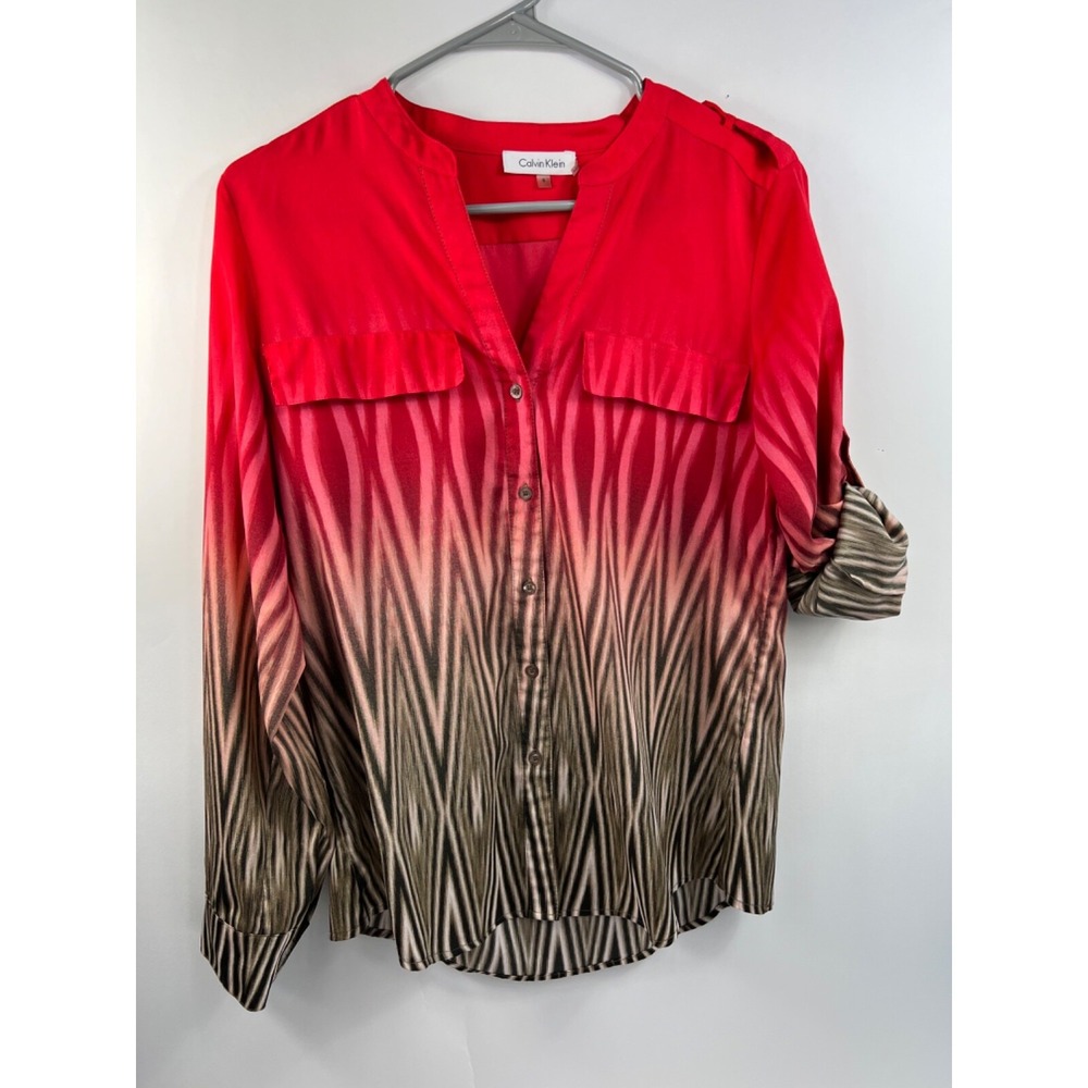 Calvin Klein Blouse Tunic‎ Top Women's Size S Orange/Brown Print Long Sleeve